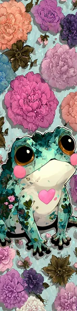 Free kawaii frog bookmark featuring green kawaii frog with large flowers